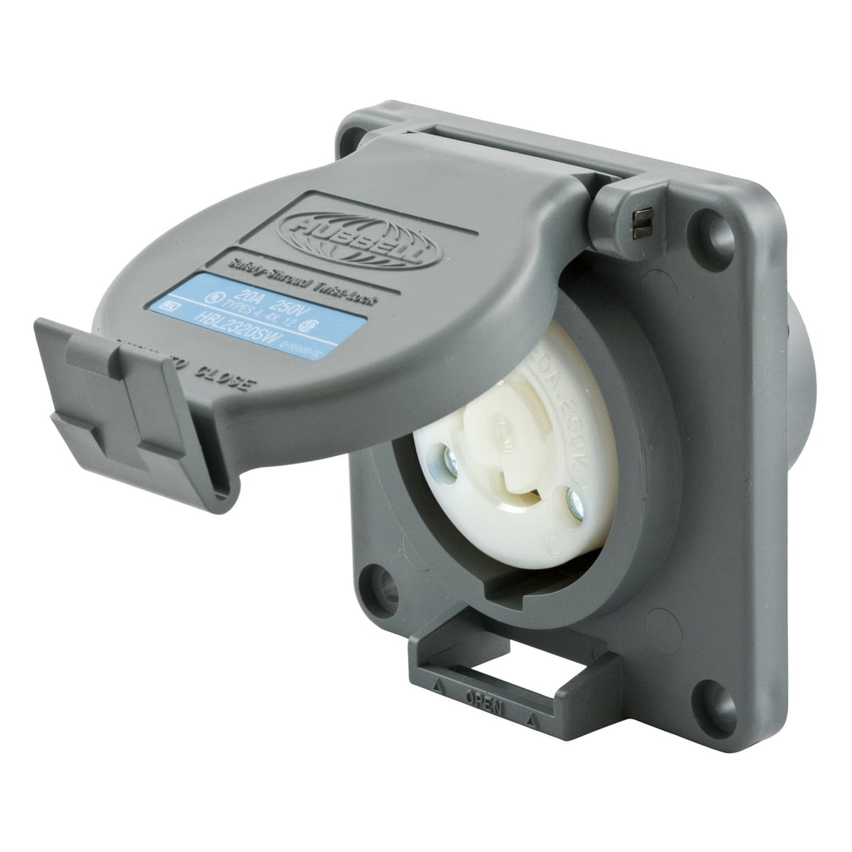 HBL2320SW 1-Phase Heavy Duty Flanged Grounding Standard Single Watertight Screw Mount Locking Receptacle, 250 V AC, 20 A, 2 Poles, 3 Wires, Gray/White