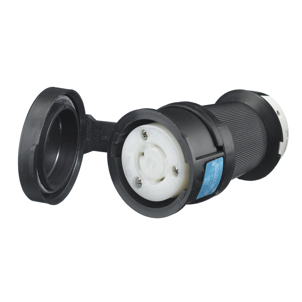 HBL2323SW Heavy Duty Isolated Grounding Shrouded Standard Sized Watertight Cord Mount Female Connector, 250 V AC, 20 A, 2 Poles, 3 Wires, Black/White