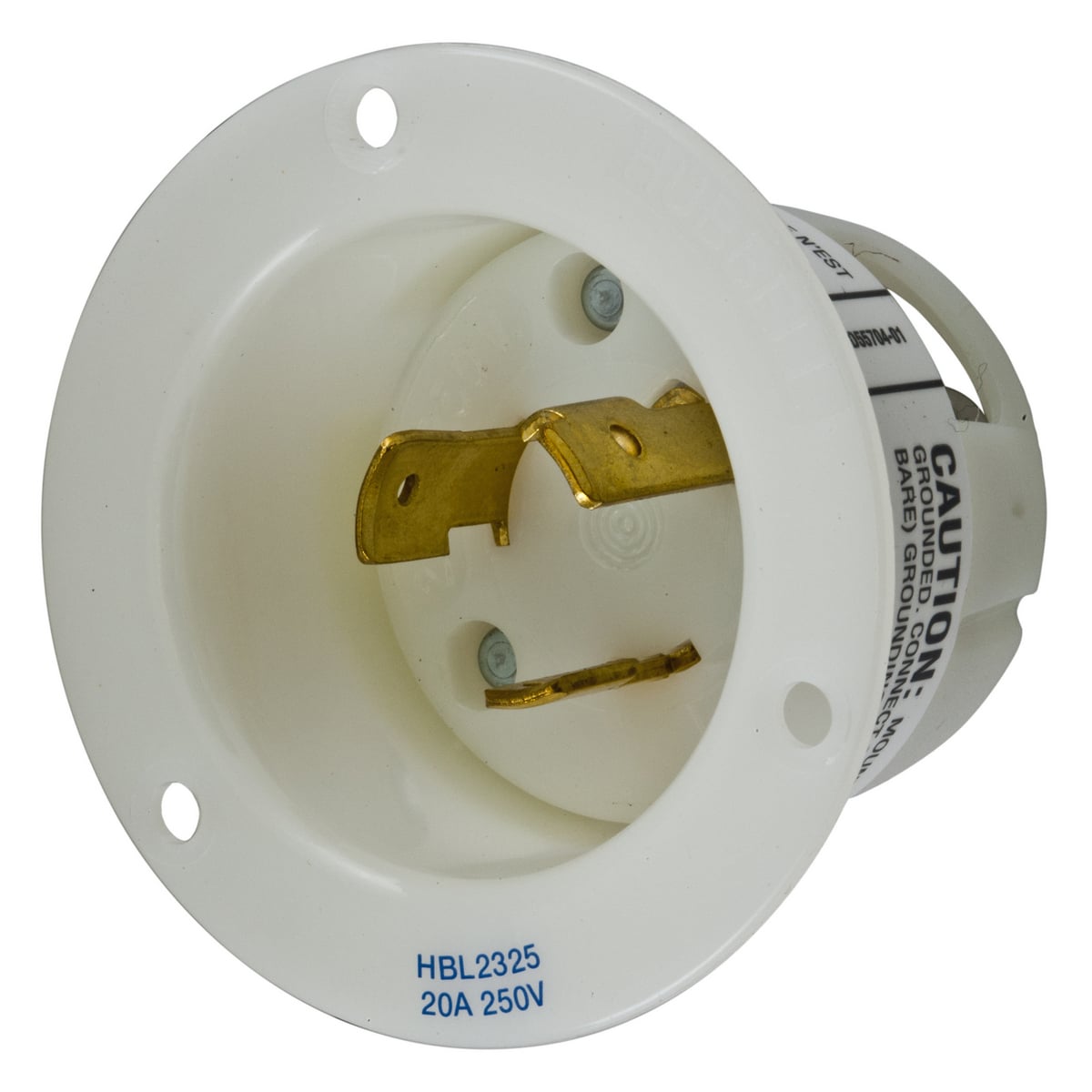 HBL2325 HBL 1-Phase Extra Heavy Duty Grounding Screw Mount Locking Flanged Inlet, 250 V AC, 20 A, 2 Poles, 3 Wires, White