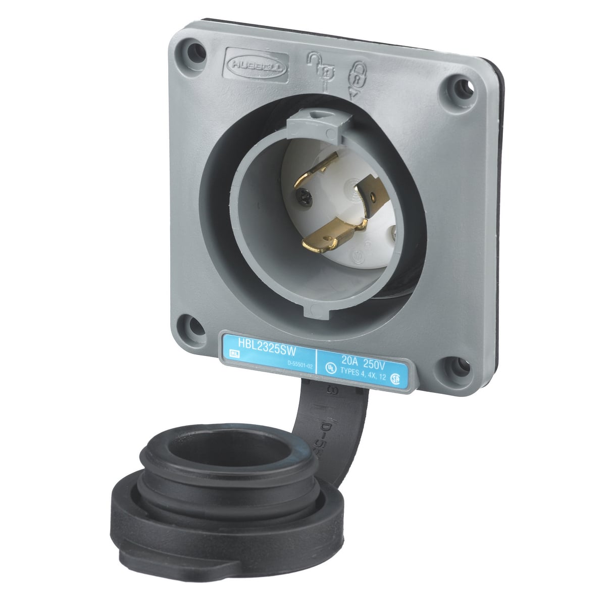 HBL2325SW 1-Phase Grounding Standard Watertight Screw Mount Locking Flanged Inlet, 250 V AC, 20 A, 2 Poles, 3 Wires, Gray/White