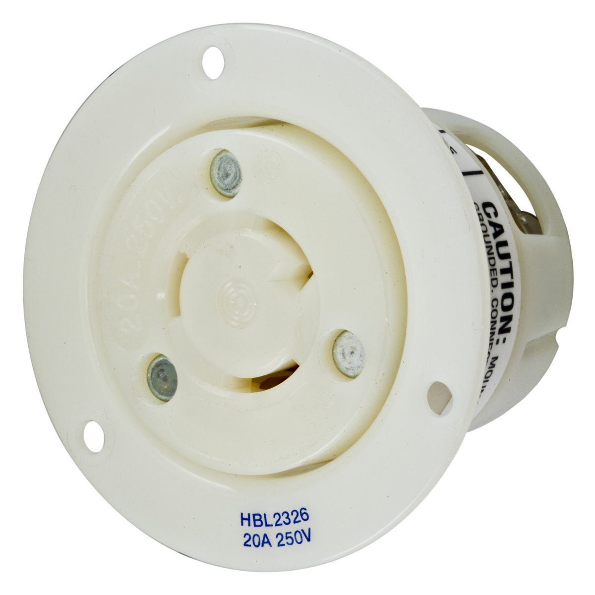 HBL2326 1-Phase Flanged Grounding Single Standard Screw Mount Locking Receptacle, 250 V AC, 20 A, 2 Poles, 3 Wires, White