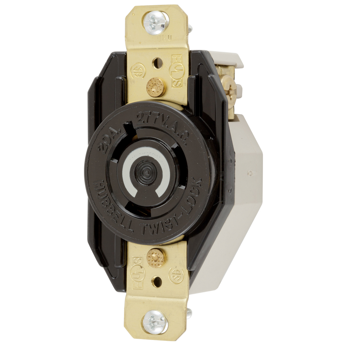 HBL2330 1-Phase Flush Mount Grounding Heavy Duty Single Screw Mount Locking Receptacle, 277 V AC, 20 A, 2 Poles, 3 Wires, Black