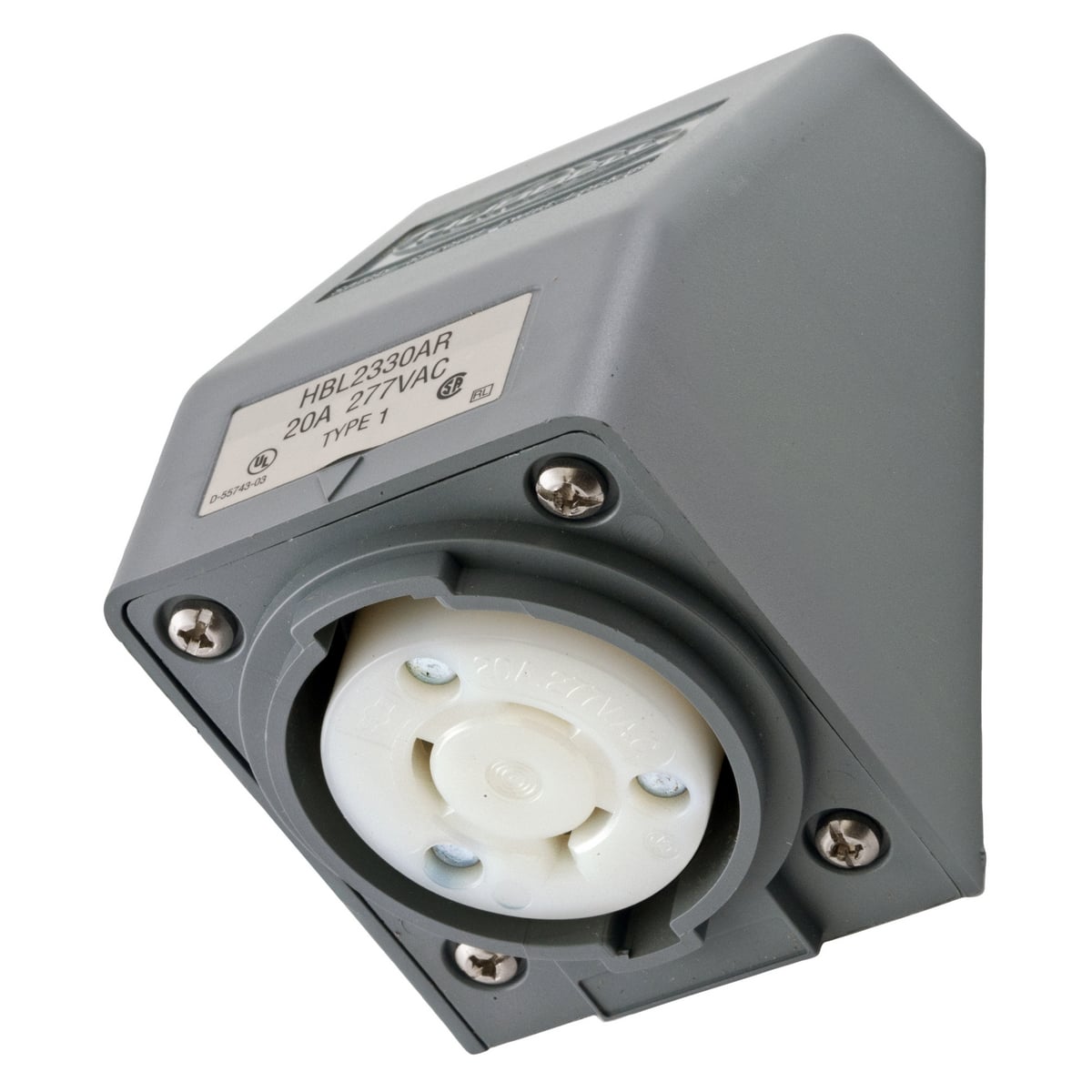 HBL2330AR Grounding Shrouded Single Locking Receptacle, 277 V AC, 20 A, 2 Poles, 3 Wires, Gray