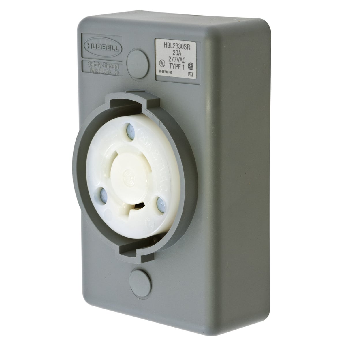 HBL2330SR 1-Phase 1-Gang Heavy Duty Grounding Standard Single Surface Mount Locking Receptacle, 277 V AC, 20 A, 2 Poles, 3 Wires, Gray/White
