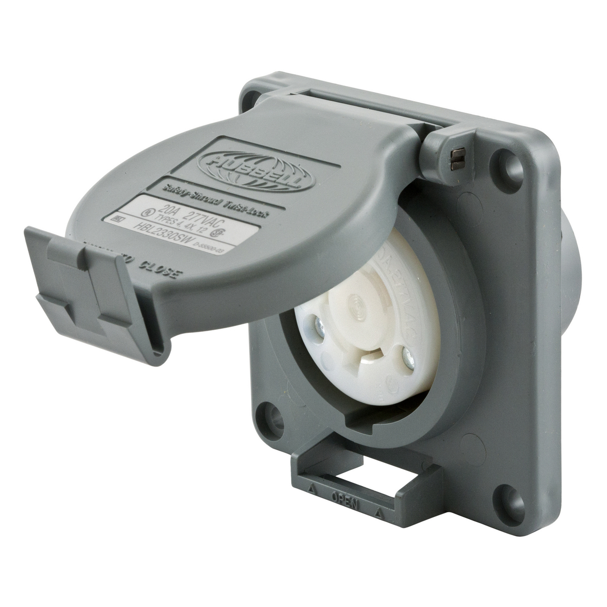 HBL2330SW 1-Phase Flanged Grounding Standard Single Watertight Screw Mount Locking Receptacle, 277 V AC, 20 A, 2 Poles, 3 Wires, Gray/White