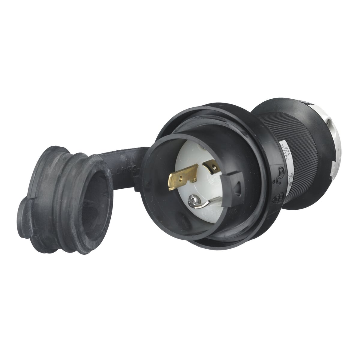 HBL2331SW 1-Phase Grounding Male Standard Watertight Cord Mount Locking Plug, 277 V AC, 20 A, 2 Poles, 3 Wires, Black/White