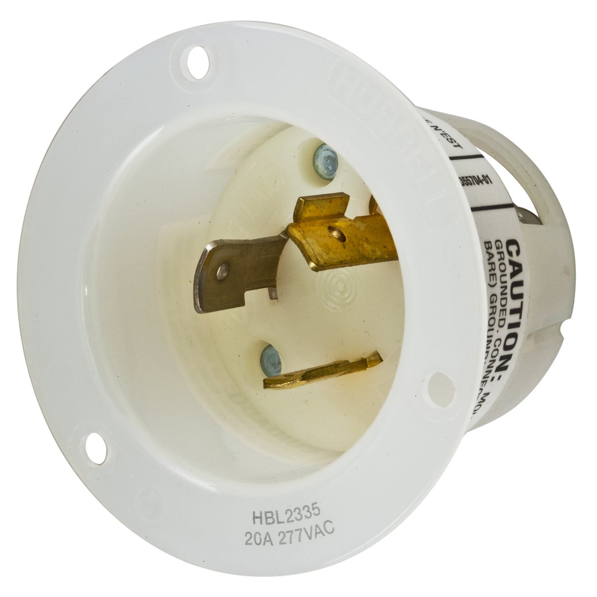 HBL2335 1-Phase Extra Heavy Duty Grounding Standard Screw Mount Locking Flanged Inlet, 277 V AC, 20 A, 2 Poles, 3 Wires, White
