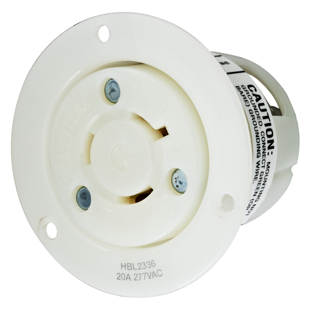 HBL2336 1-Phase Flanged Grounding Screw Mount Locking Receptacle, 277 V AC, 20 A, 2 Poles, 3 Wires, White