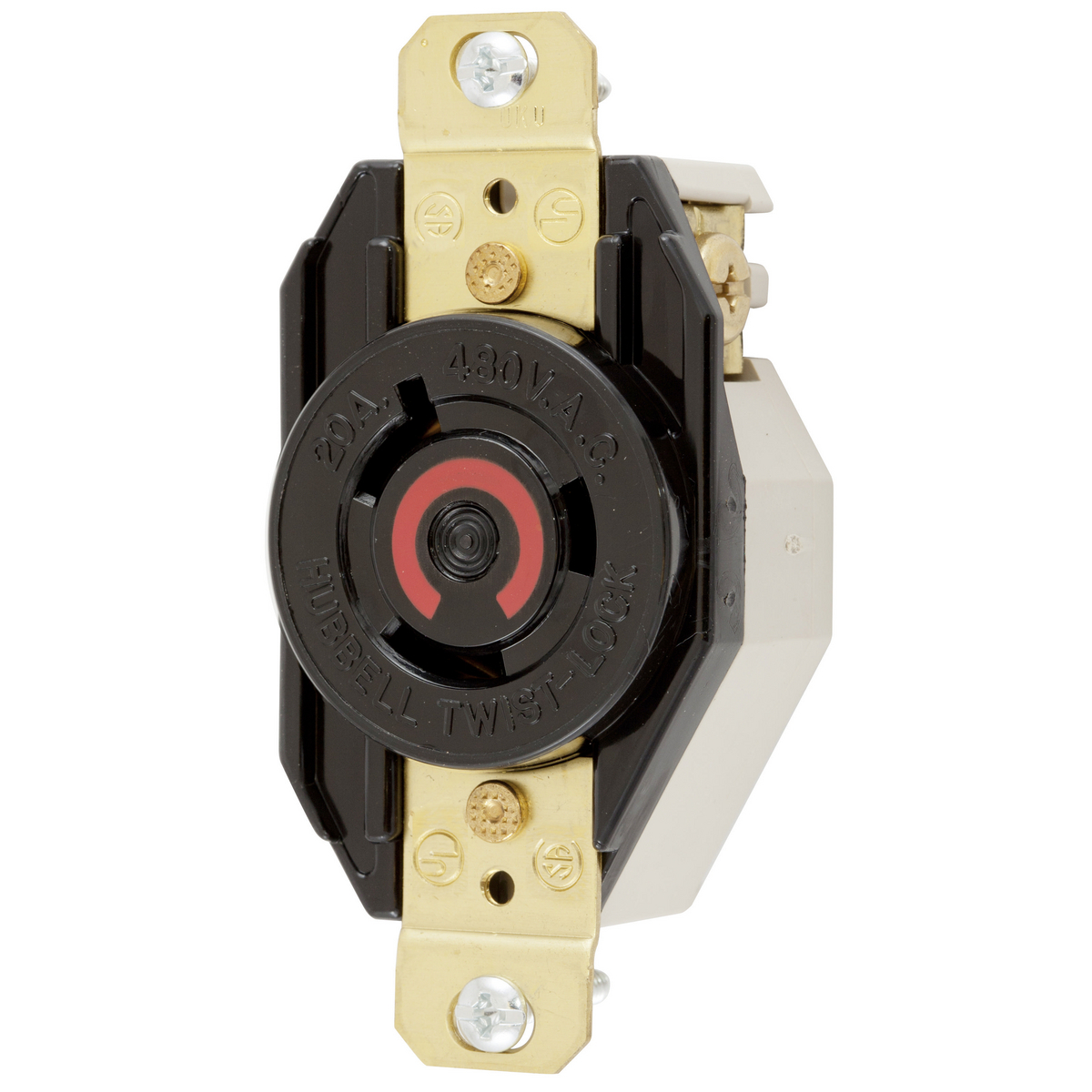 HBL2340 HBL 1-Phase Heavy Duty Single Screw Mount Locking Receptacle, 480 V AC, 20 A, 2 Poles, 3 Wires, Black