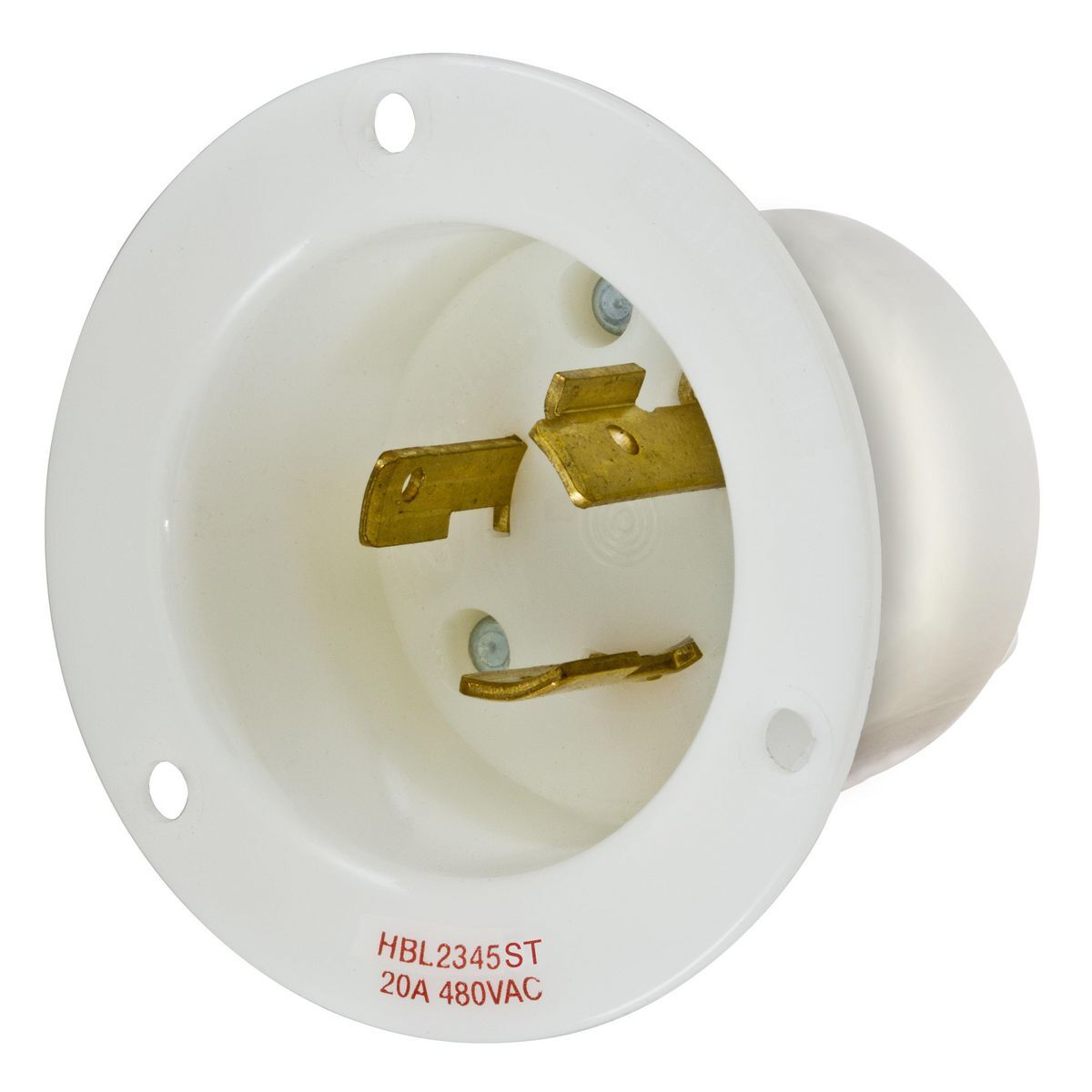 HBL2345 1-Phase Extra Heavy Duty Grounding Screw Mount Flanged Inlet, 480 V AC, 20 A, 2 Poles, 3 Wires, White
