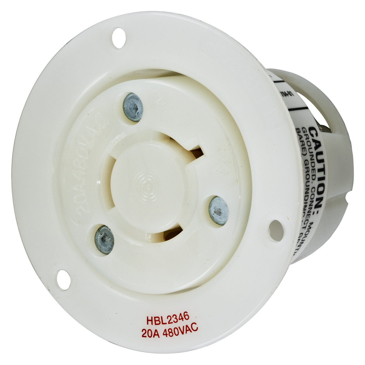 HBL2346 1-Phase Flanged Grounding Single Standard Screw Mount Locking Receptacle, 480 V AC, 20 A, 2 Poles, 3 Wires, White