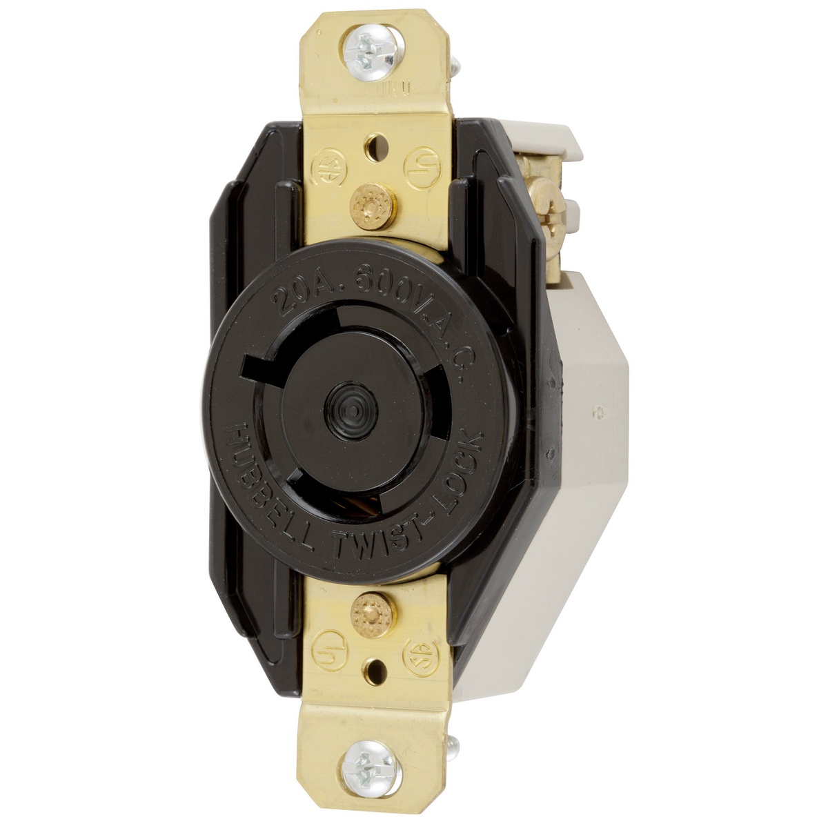 HBL2350 1-Phase Flush Mount Grounding Heavy Duty Standard Single Screw Mount Locking Receptacle, 600 V AC, 20 A, 2 Poles, 3 Wires, Black
