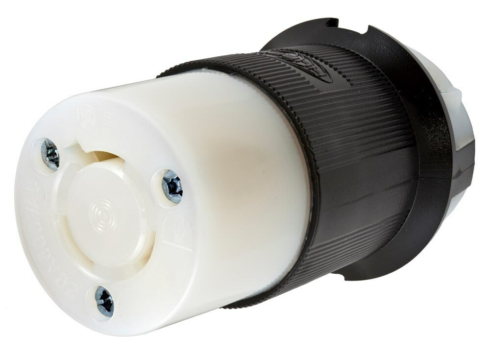 HBL2353 Grounding Heavy Duty Shrouded Watertight Cord Mount Locking Connector, 600 V AC, 20 A, 2 Poles, 3 Wires, Black/White