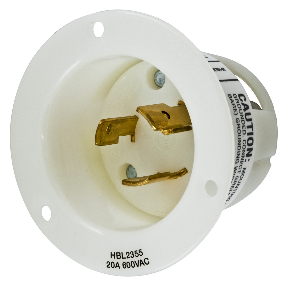 HBL2355 1-Phase Extra Heavy Duty Grounding Standard Screw Mount Locking Flanged Inlet, 600 V AC, 20 A, 2 Poles, 3 Wires, White