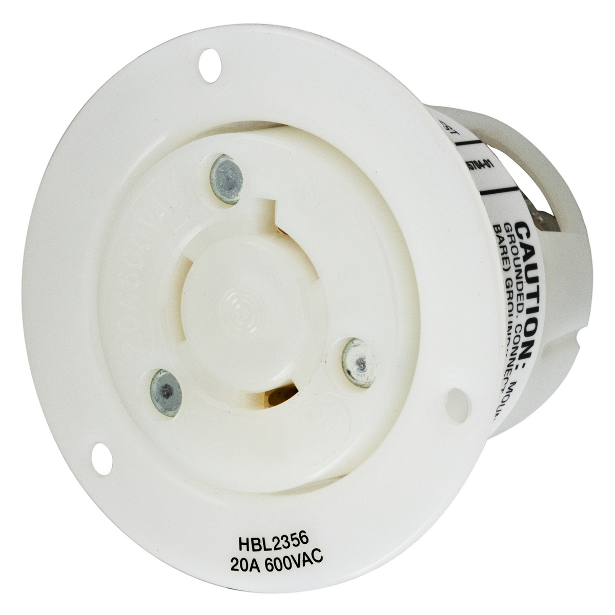 HBL2356 1-Phase Flanged Grounding Screw Mount Locking Receptacle, 20 A, 2 Poles, 3 Wires, White