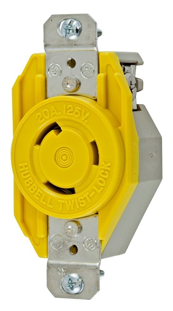 HBL23CM10 1-Phase Flush Mount Grounding Single Screw Mount Corrosion-Resistant Locking Receptacle, 125 V AC, 30 A, 2 Poles, 3 Wires, Yellow