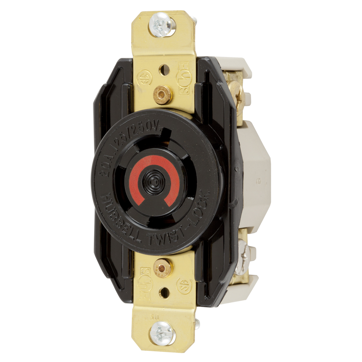 HBL2410 HBL 1-Phase Flush Mount Grounding Heavy Duty Single Screw Mount Locking Receptacle, 125/250 V AC, 20 A, 3 Poles, 4 Wires, Black