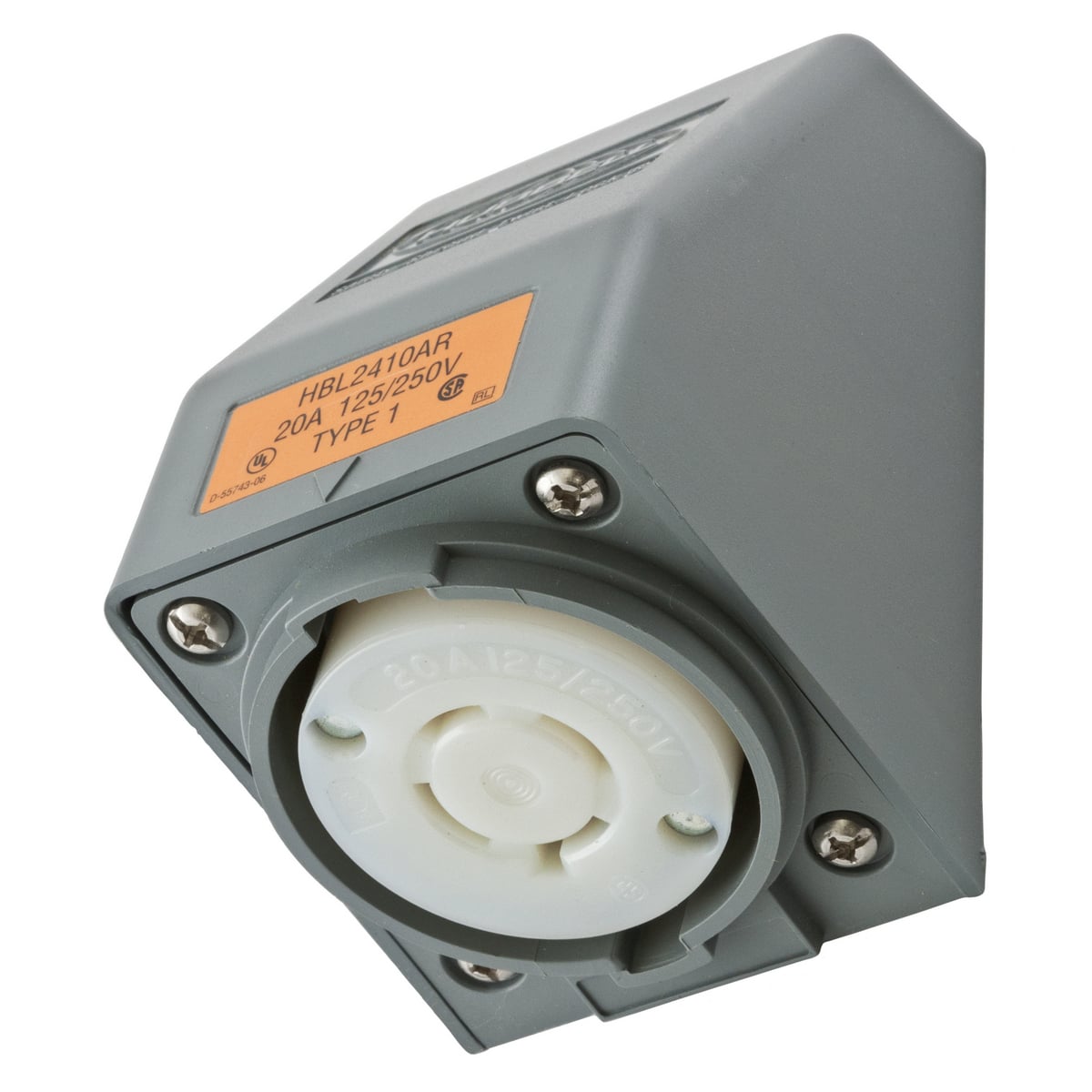 HBL2410AR 1-Phase 1-Gang Angled Grounding Heavy Duty Standard Single Screw Mount Locking Receptacle, 125/250 V AC, 20 A, 3 Poles, 4 Wires, Gray/White
