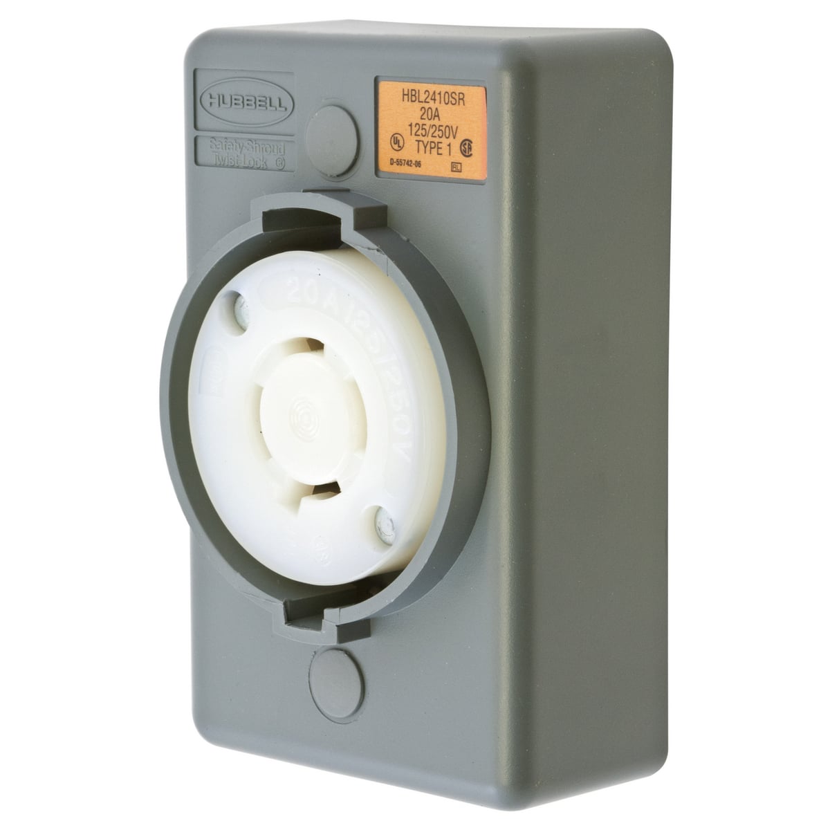 HBL2410SR 1-Phase 1-Gang Heavy Duty Grounding Standard Single Surface Mount Locking Receptacle, 125/250 V AC, 20 A, 3 Poles, 4 Wires, Gray/White