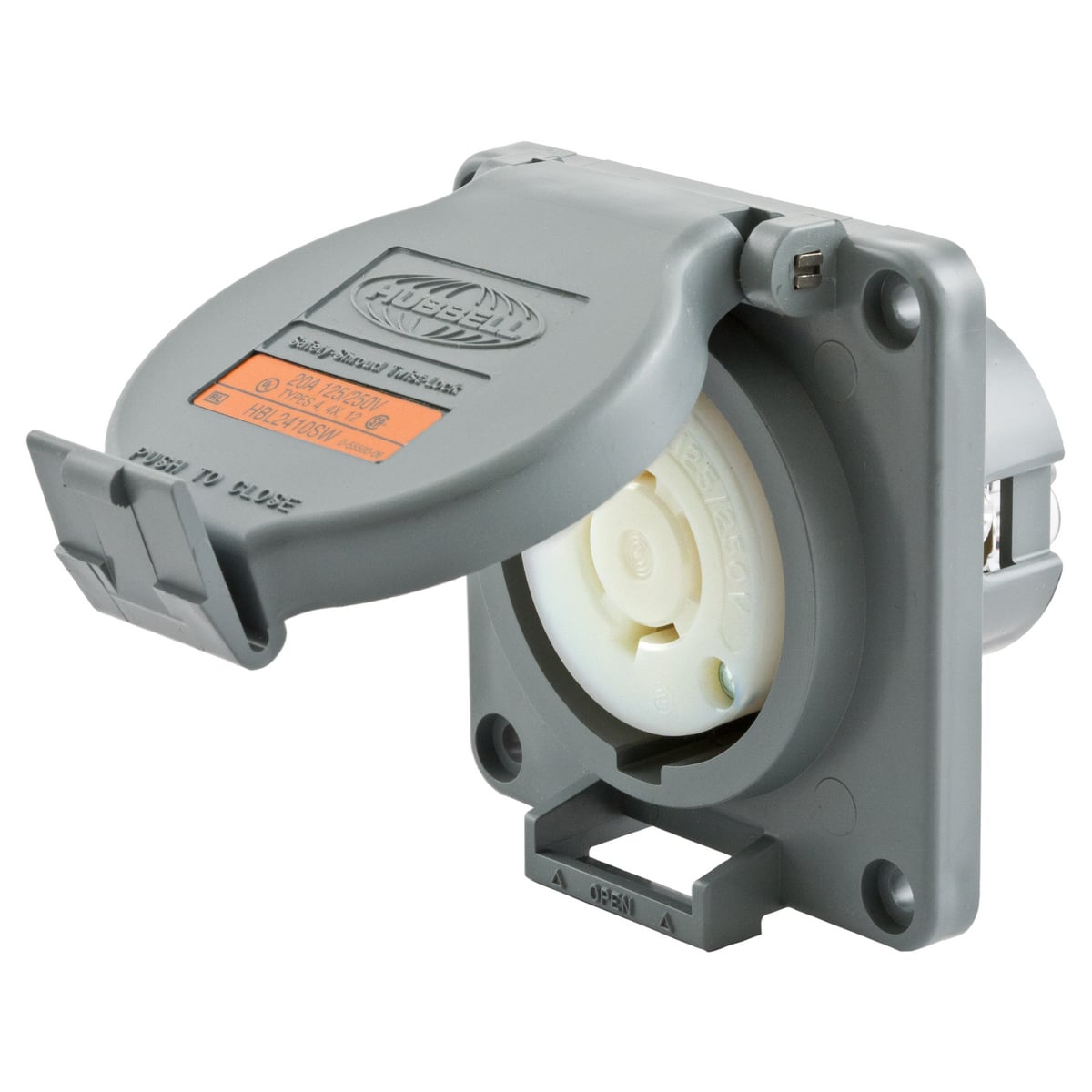 HBL2410SW 1-Phase Heavy Duty Flanged Grounding Standard Single Watertight Screw Mount Locking Receptacle, 125/250 V AC, 20 A, 3 Poles, 4 Wires, Gray/White