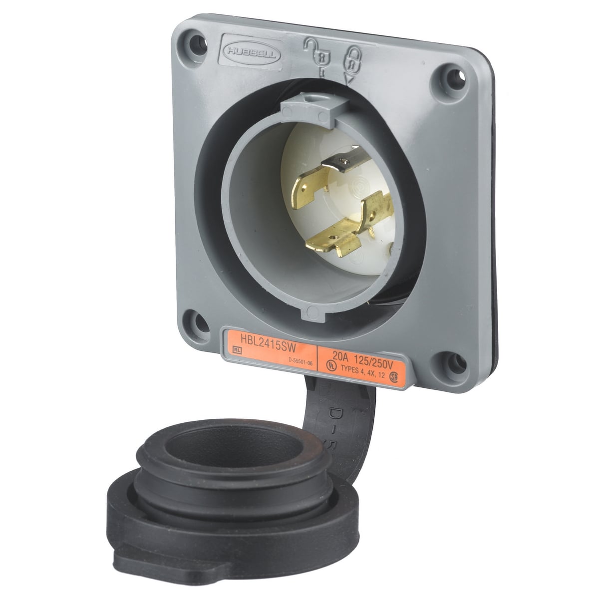HBL2415SW 1-Phase Extra Heavy Duty Grounding Screw Mount Watertight Locking Flanged Inlet, 125/250 V AC, 20 A, 3 Poles, 4 Wires, Gray/White