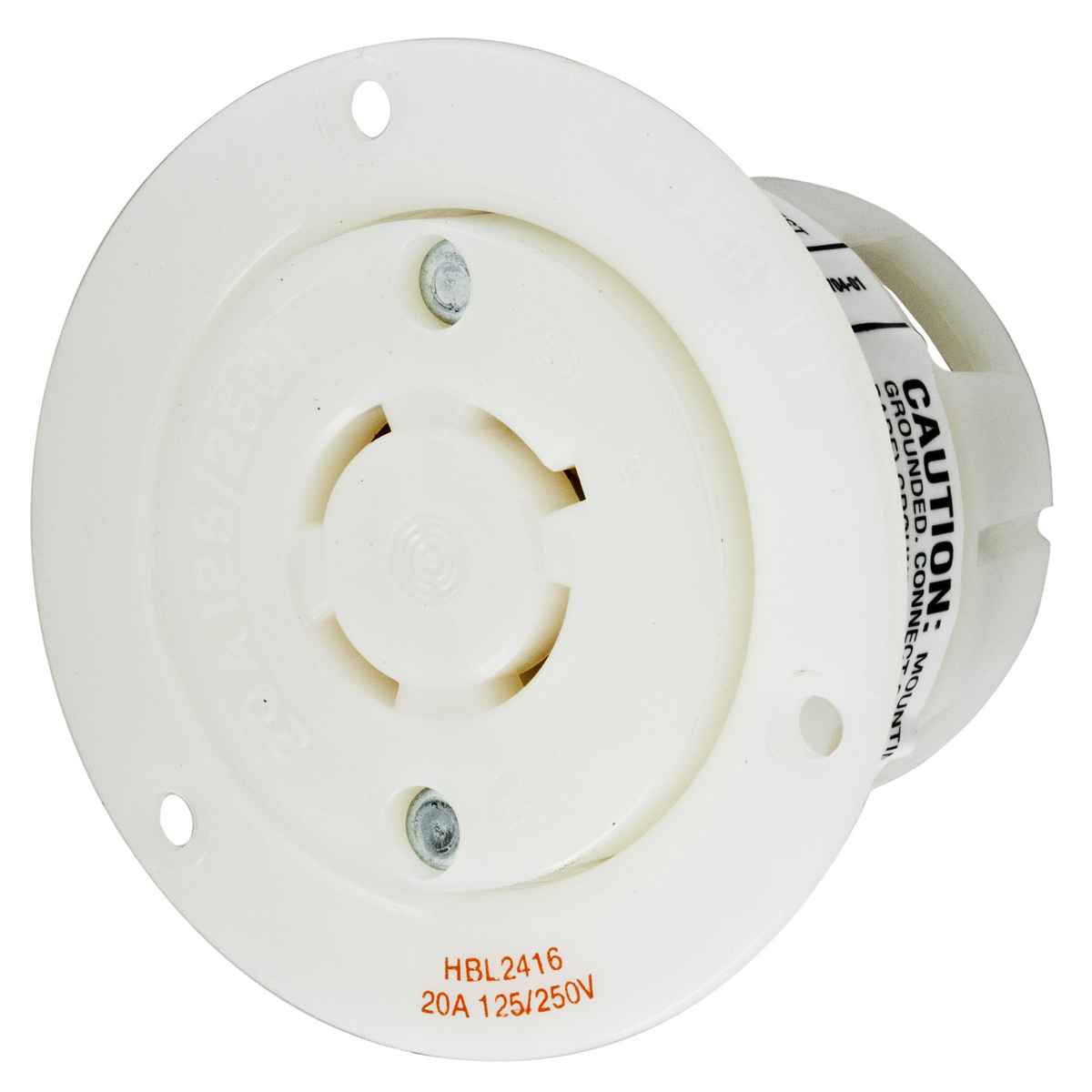 HBL2416 1-Phase Flanged Single Screw Mount Locking Receptacle, 125/250 V AC, 20 A, 3 Poles, 4 Wires, White