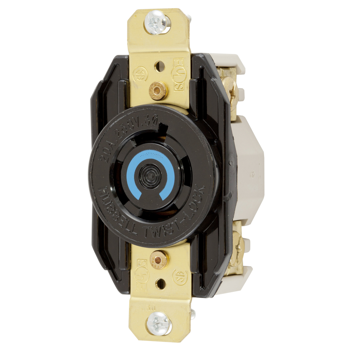 HBL2420 HBL 3-Phase Grounding Heavy Duty Single Screw Mount Locking Receptacle, 250 V AC, 20 A, 3 Poles, 4 Wires, Black