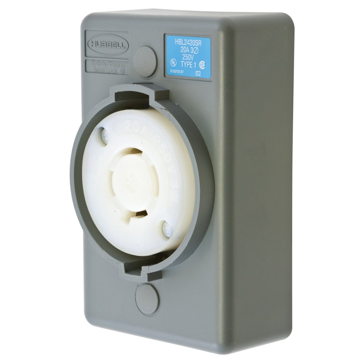 HBL2420SR 3-Phase 1-Gang Heavy Duty Grounding Standard Single Surface Mount Locking Receptacle, 250 V AC, 20 A, 3 Poles, 4 Wires, Gray/White