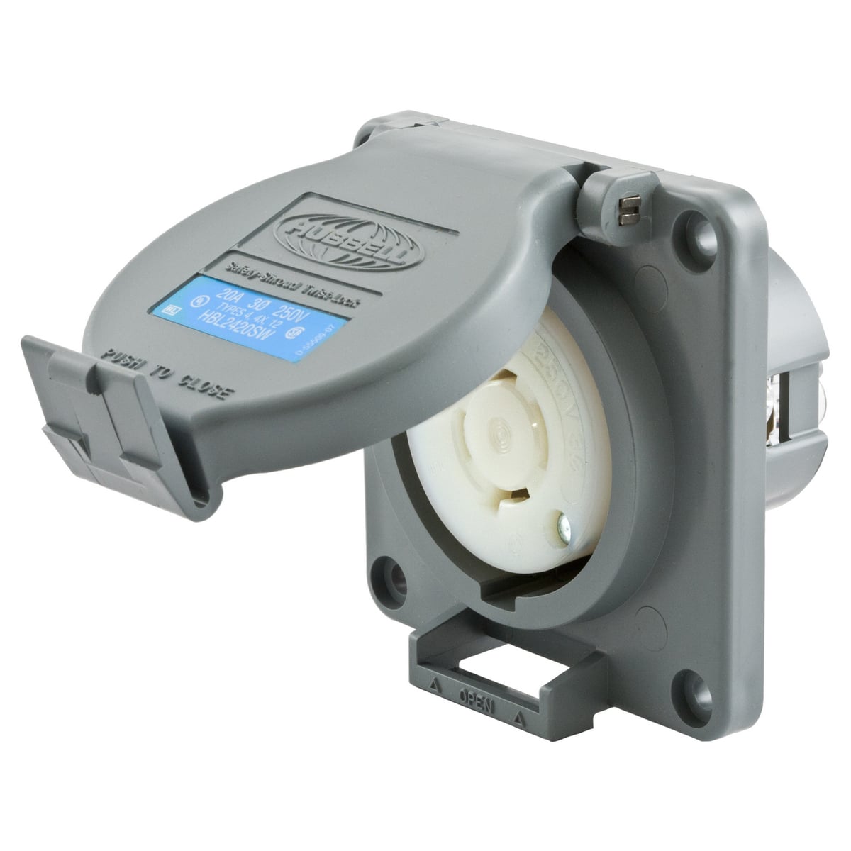 HBL2420SW HBL 3-Phase Grounding Heavy Duty Watertight Single Screw Mount Locking Receptacle, 250 V AC, 20 A, 3 Poles, 4 Wires, Gray/White