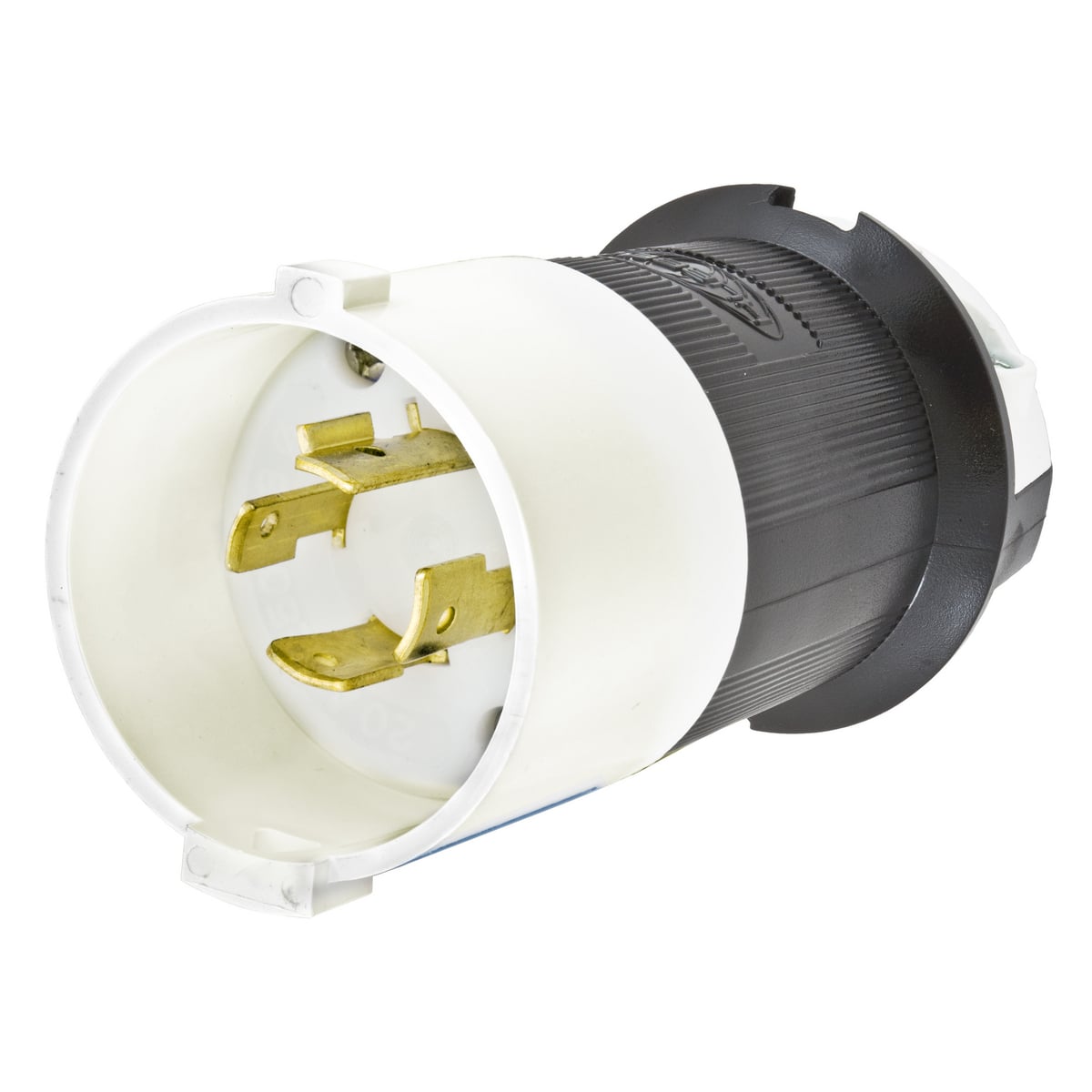 HBL2421S 3-Phase Grounding Male Shrouded Standard Cord Mount Locking Plug, 250 V AC, 20 A, 3 Poles, 4 Wires, Black/White