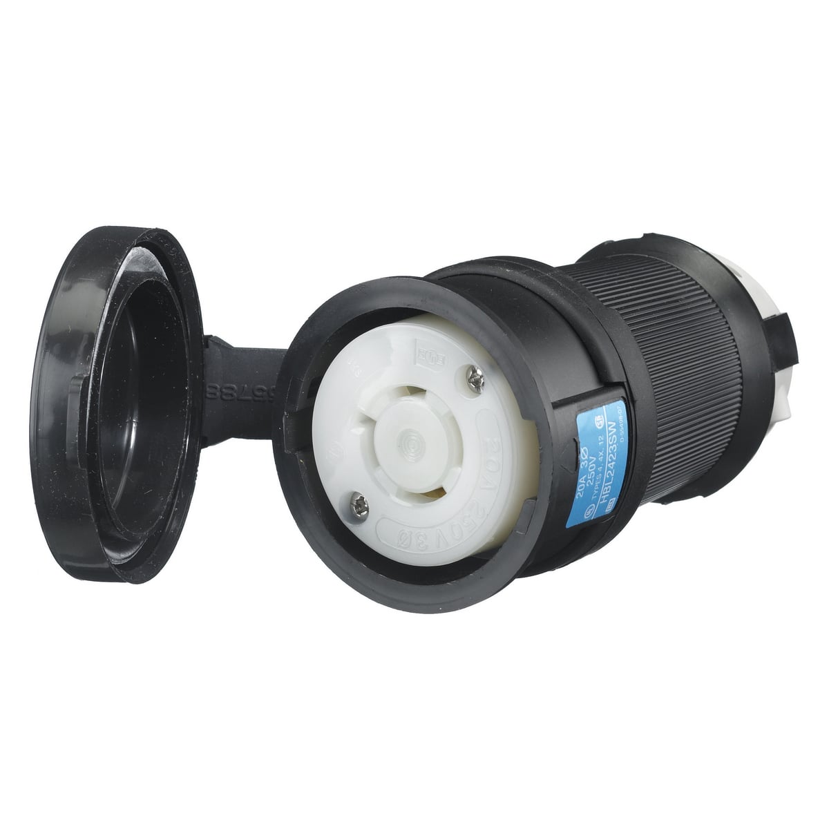 HBL2423SW 3-Phase Isolated Grounding Heavy Duty Shrouded Standard Sized Watertight Cord Mount Female Connector, 250 Delta V AC, 20 A, 3 Poles, 4 Wires, Black/White