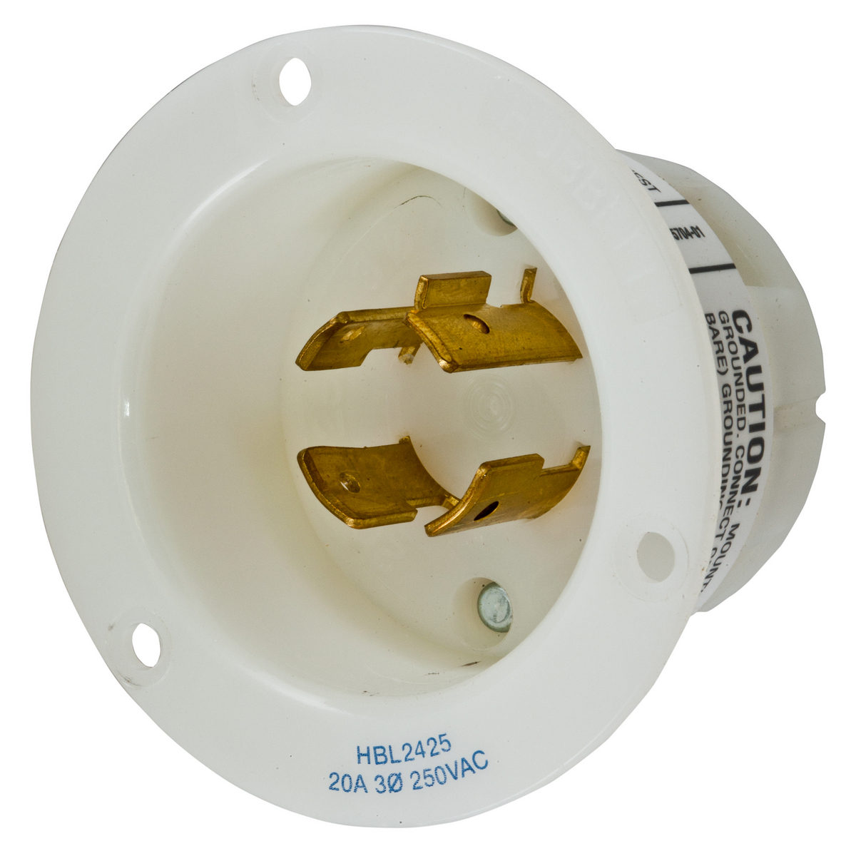 HBL2425 HBL 3-Phase Extra Heavy Duty Grounding Screw Mount Locking Flanged Inlet, 250 V AC, 20 A, 3 Poles, 4 Wires, White