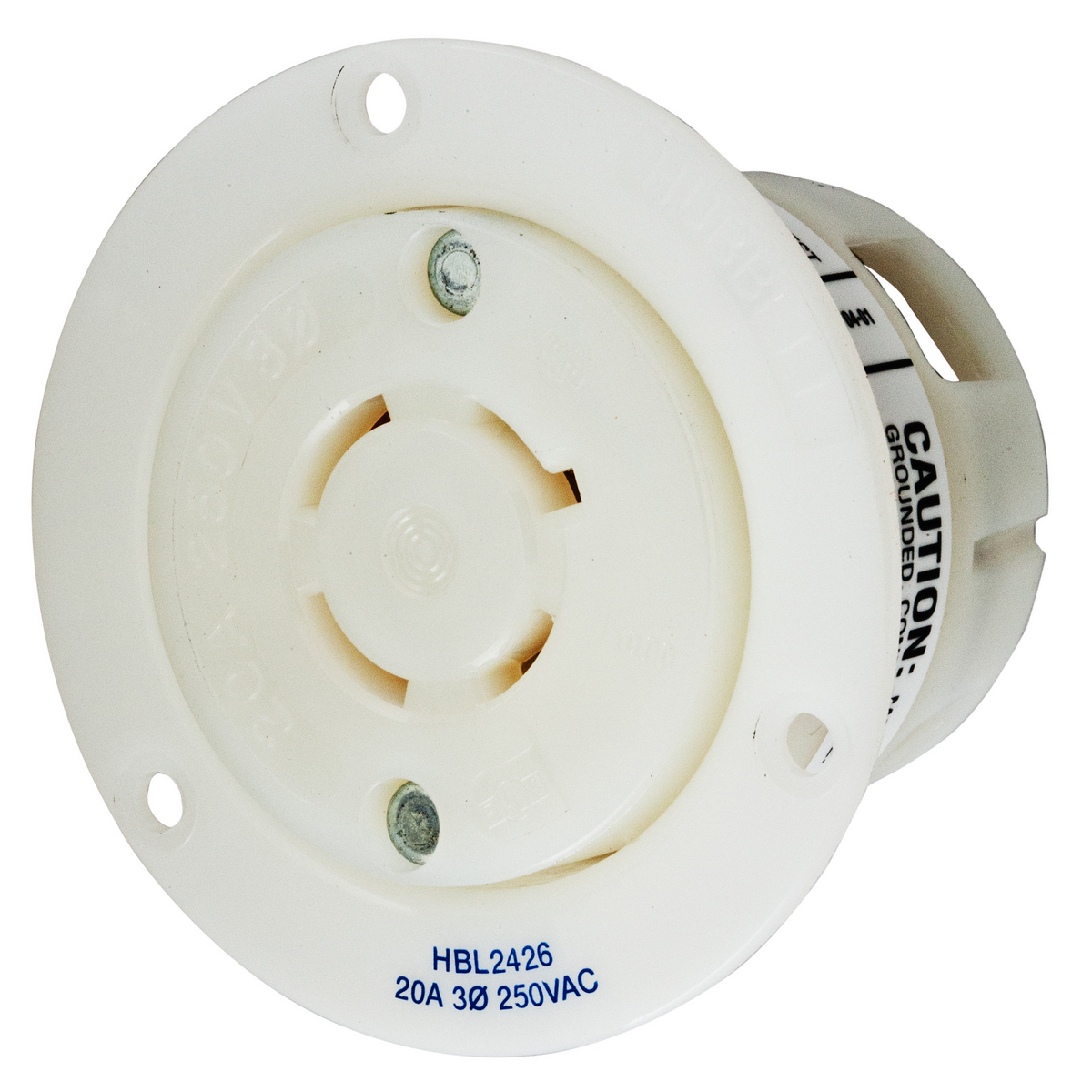 HBL2426 3-Phase Flanged Grounding Single Screw Mount Locking Receptacle, 250 V AC, 20 A, 3 Poles, 4 Wires, White