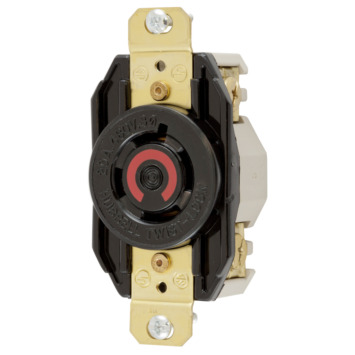 HBL2430 3-Phase Heavy Duty Single Screw Mount Locking Receptacle, 480 V AC, 20 A, 3 Poles, 4 Wires, Black