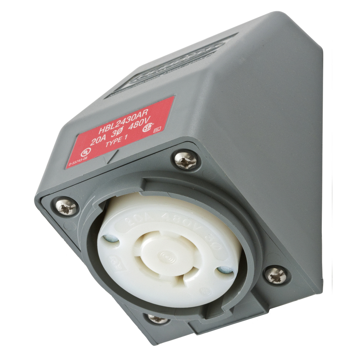 HBL2430AR HBL 3-Phase Heavy Duty Single Screw Mount Locking Receptacle, 480 V AC, 20 A, 3 Poles, 4 Wires, Gray/White