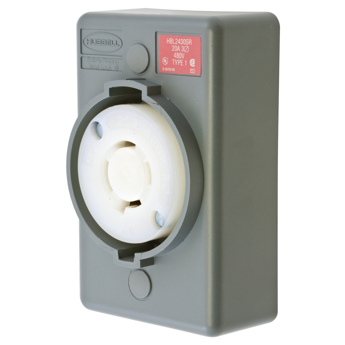 HBL2430SR 3-Phase 1-Gang Heavy Duty Grounding Standard Single Surface Mount Locking Receptacle, 480 V AC, 20 A, 3 Poles, 4 Wires, Gray/White