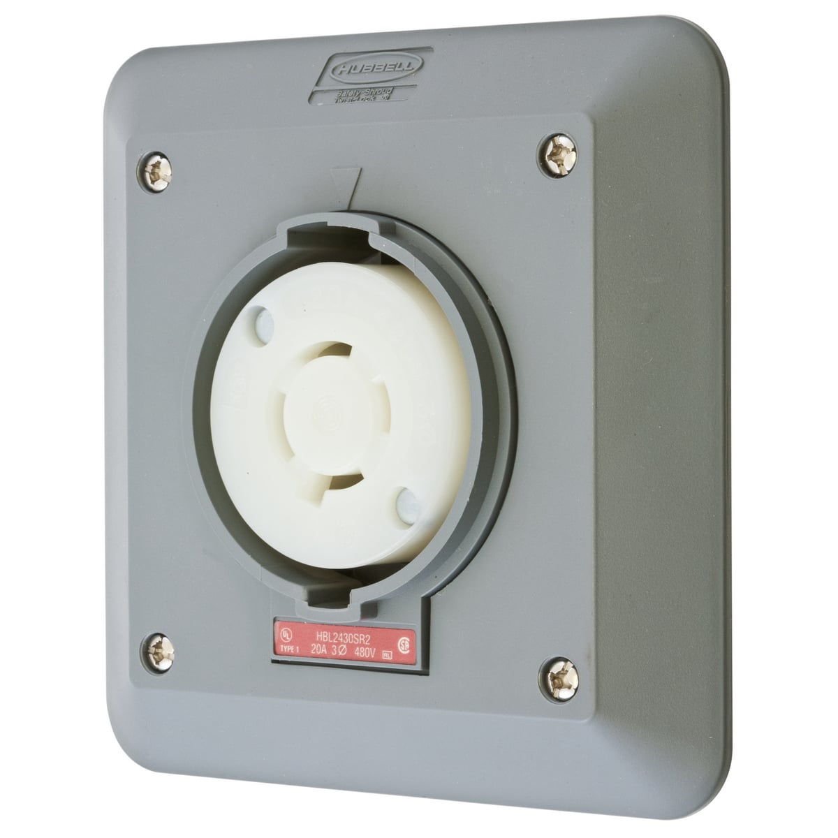 HBL2430SR2 3-Phase 2-Gang Heavy Duty Grounding Standard Single Semi-Flush Surface Mount Locking Receptacle, 480 V AC, 20 A, 3 Poles, 4 Wires, Gray/White