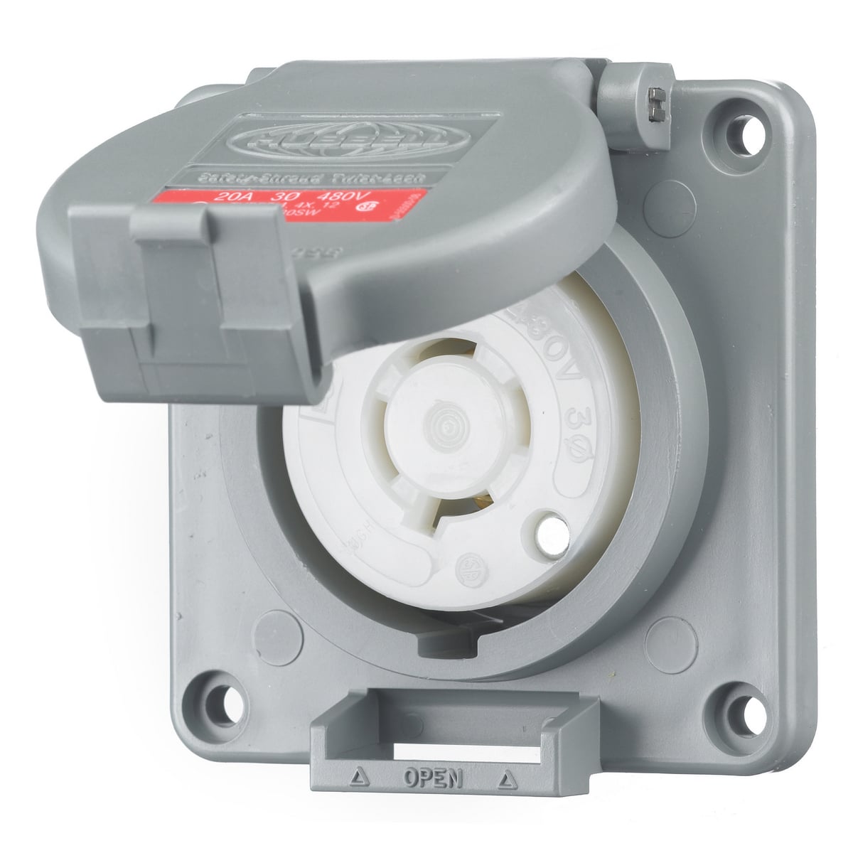 HBL2430SW 3-Phase Heavy Duty Flanged Grounding Standard Single Watertight Screw Mount Locking Receptacle, 480 V AC, 20 A, 3 Poles, 4 Wires, Gray/White