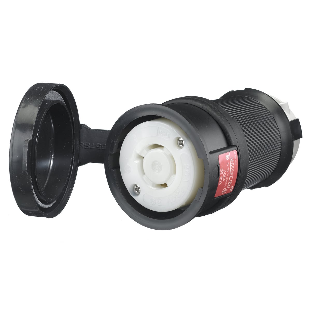 HBL2433SW 3-Phase Female Grounding Shrouded Standard Watertight Cord Mount Connector, 480 V AC, 20 A, 3 Poles, 4 Wires, Black/White