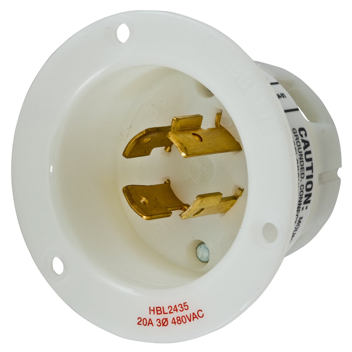 HBL2435 3-Phase Standard Screw Mount Flanged Inlet, 480 V AC, 20 A, 3 Poles, 4 Wires, White