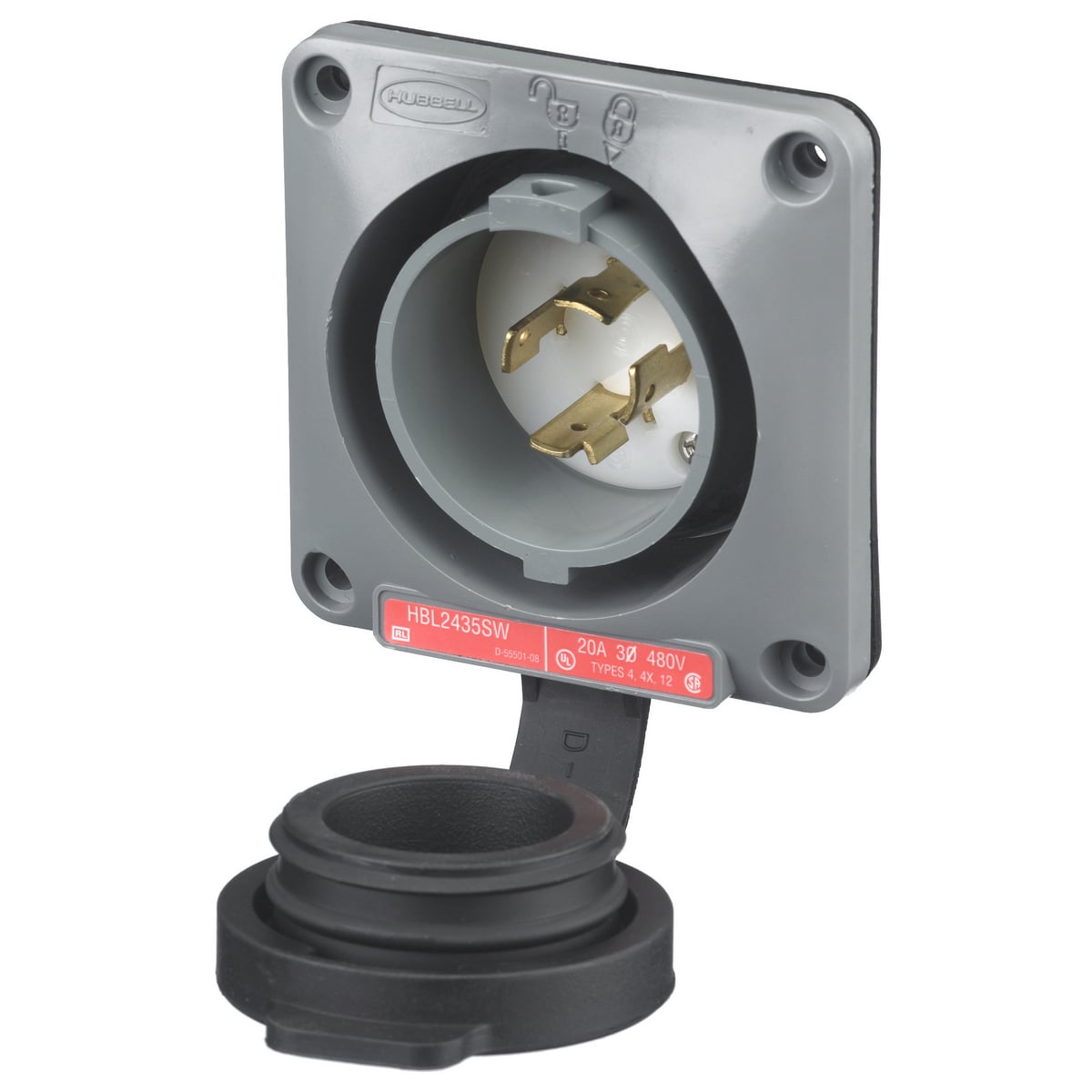 HBL2435SW 3-Phase Grounding Standard Single Shrouded Watertight Screw Mount Locking Flanged Inlet, 480 V AC, 20 A, 3 Poles, 4 Wires, Gray/White