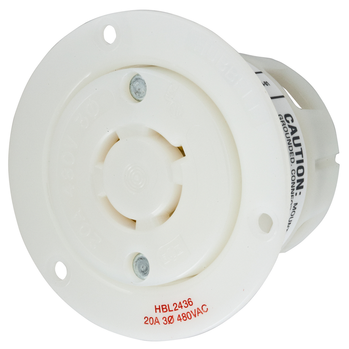 HBL2436 HBL 3-Phase Flanged Grounding Single Screw Mount Locking Receptacle, 480 V AC, 20 A, 3 Poles, 4 Wires, White