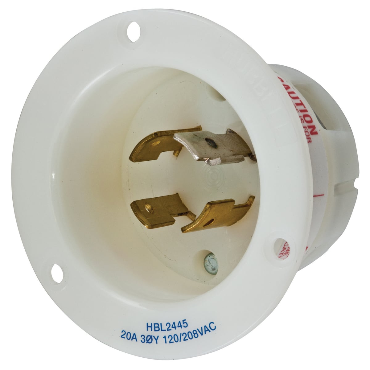 HBL2445 3-Phase Standard Screw Mount Flanged Inlet, 120/208 V AC, 20 A, 4 Poles, 4 Wires, White