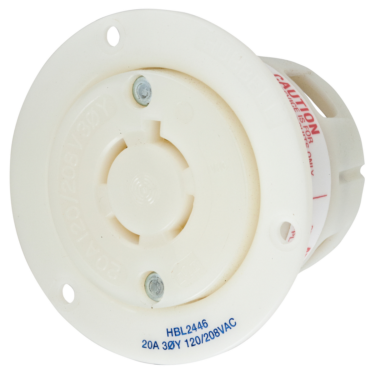 HBL2446 3-Phase Standard Screw Mount Flanged Receptacle, 120/208 V AC, 20 A, 4 Poles, 4 Wires, White