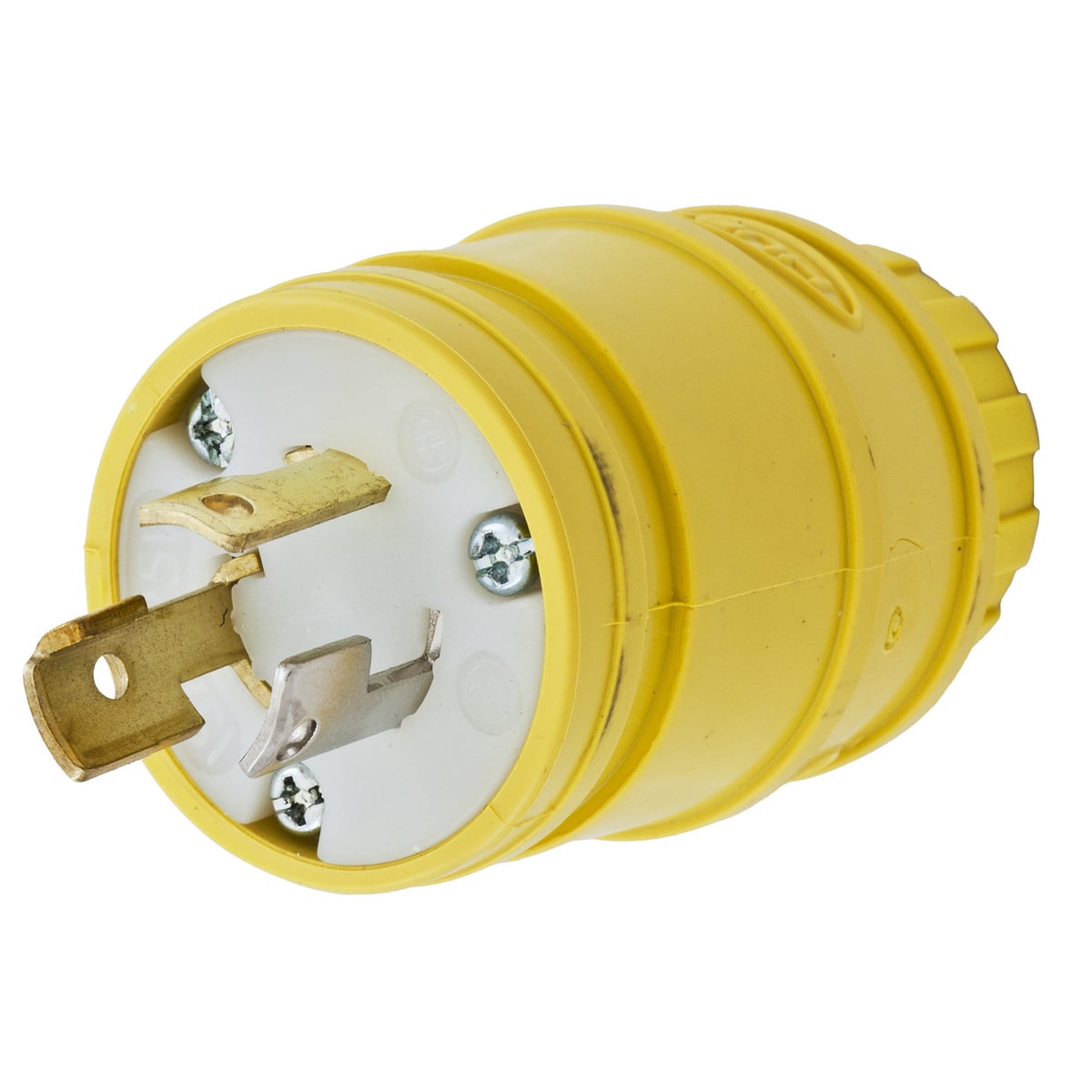 HBL2447 1-Phase Grounding Male Standard Cord Mount Locking Plug, 125 V AC, 15 A, 2 Poles, 3 Wires, Yellow