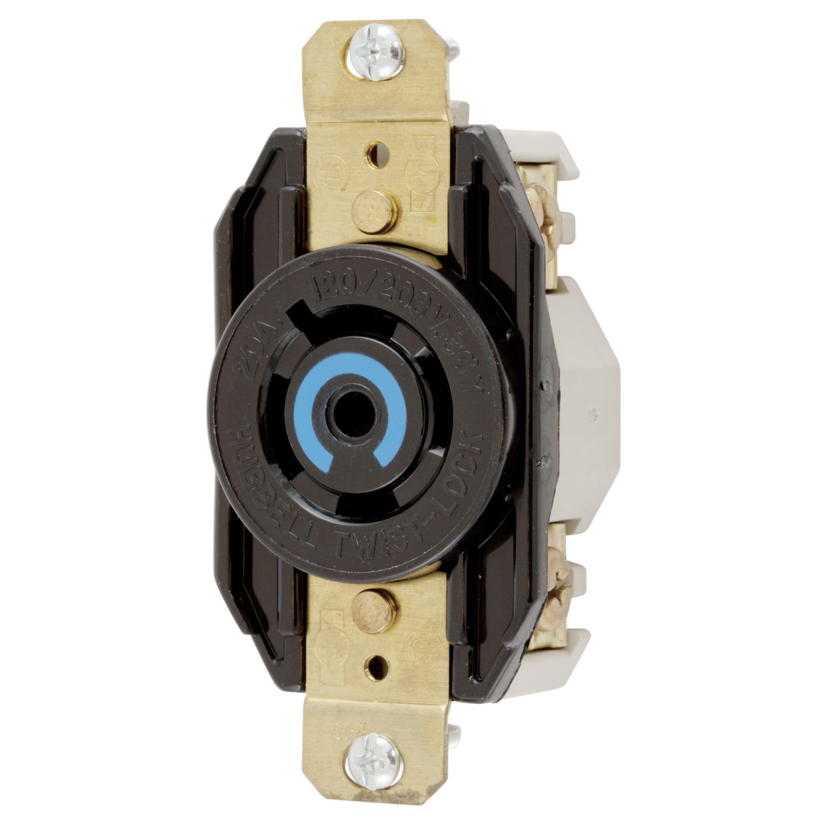 HBL2510 3-Phase Flush Mount Grounding Heavy Duty Single Screw Mount Locking Receptacle, 120/208 V AC, 20 A, 4 Poles, 5 Wires, Black