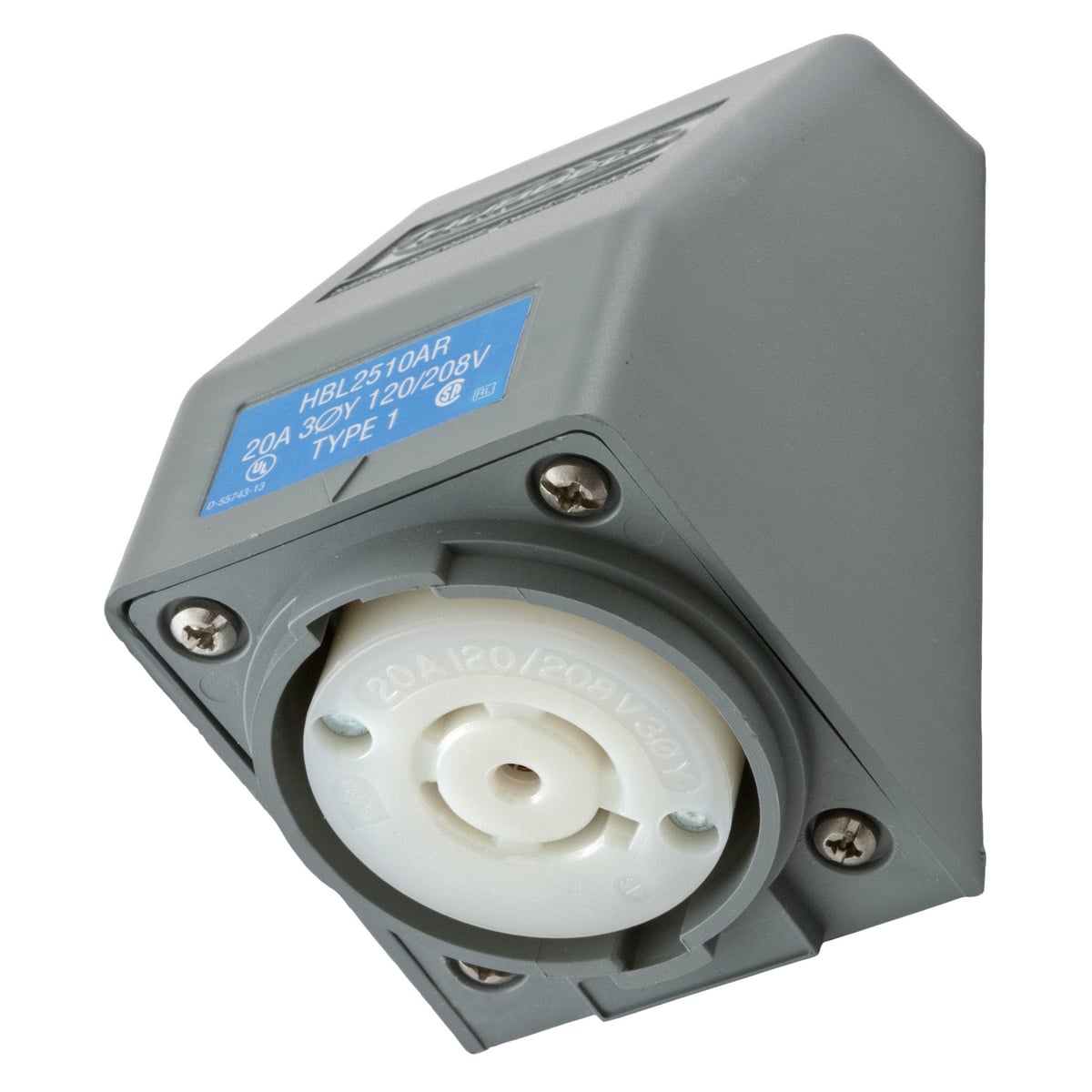 HBL2510AR 3-Phase 1-Gang Angled Grounding Heavy Duty Standard Single Screw Mount Locking Receptacle, 120/208 V AC, 20 A, 4 Poles, 5 Wires, Gray/White