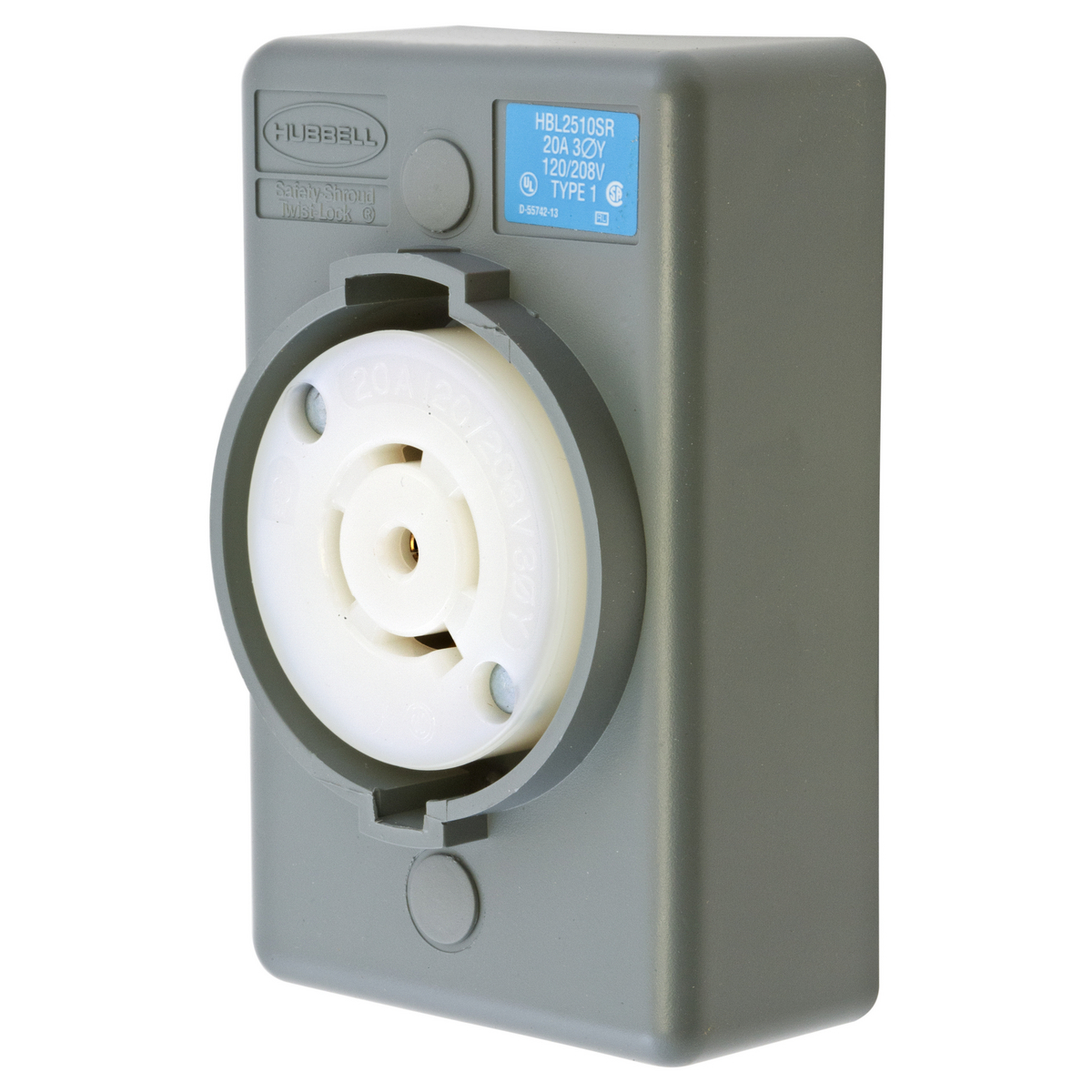 HBL2510SR 3-Phase 1-Gang Heavy Duty Grounding Standard Single Surface Mount Locking Receptacle, 120/208 V AC, 20 A, 4 Poles, 5 Wires, Gray/White