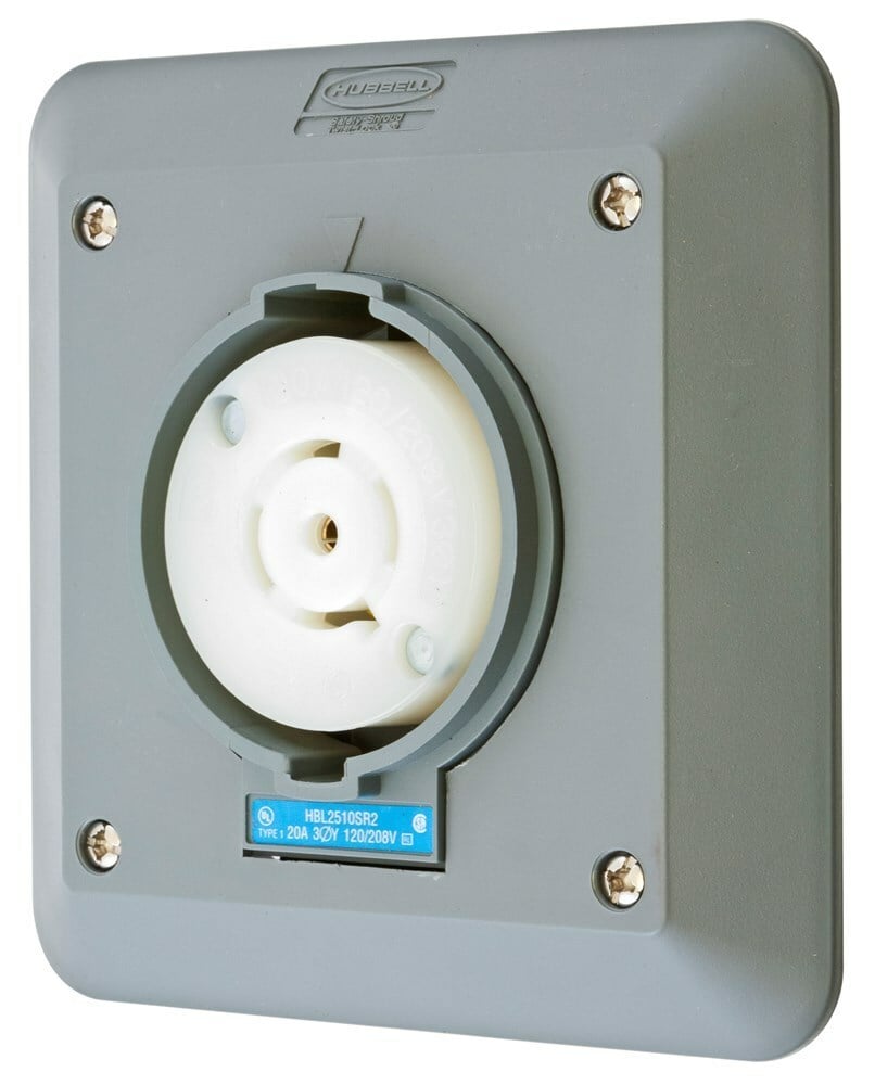 HBL2510SR2 3-Phase 2-Gang Heavy Duty Grounding Standard Single Semi-Flush Surface Mount Locking Receptacle, 120/208 V AC, 20 A, 4 Poles, 5 Wires, Gray/White