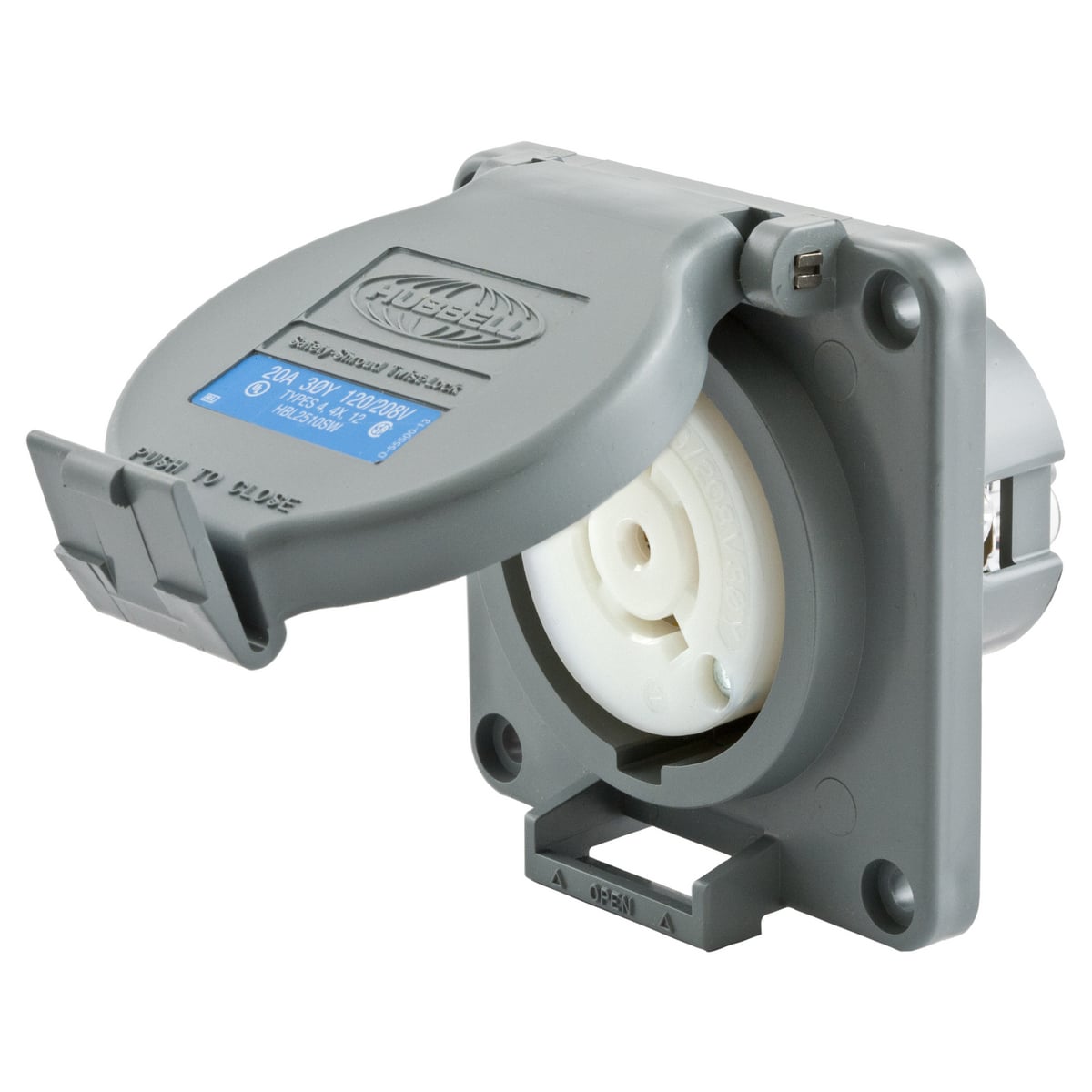 HBL2510SW HBL 3-Phase Heavy Duty Single Watertight Screw Mount Locking Receptacle, 120/208 V AC, 20 A, 4 Poles, 5 Wires, Gray/White